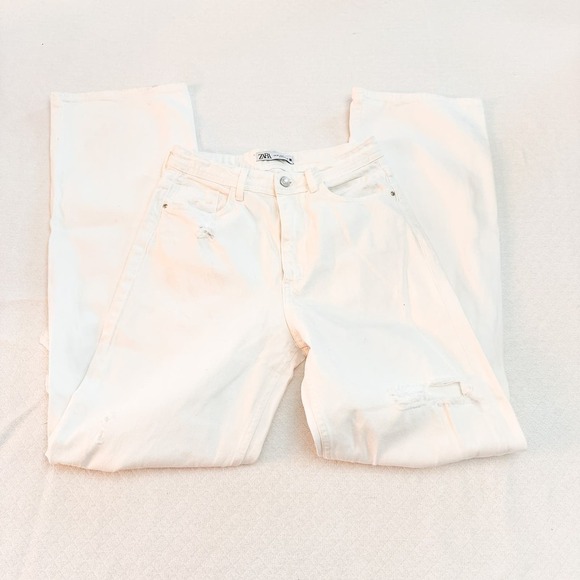 Zara Flare White Denim Jeans Button Fly Ripped Throuhout Size 06 - Picture 5 of 7